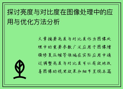 探讨亮度与对比度在图像处理中的应用与优化方法分析 探讨亮度与对比度在图像处理中的应用与优化方法分析